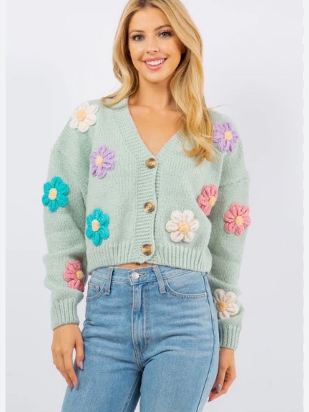 Women’s Mint Green Floral Appliqué Cardigan Sweater